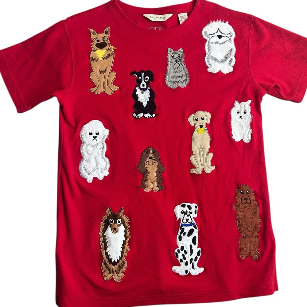 Bechamel Women’s Red Embroidered‎ Dog T-Shirt Size S | Whimsical Puppy Motif Top